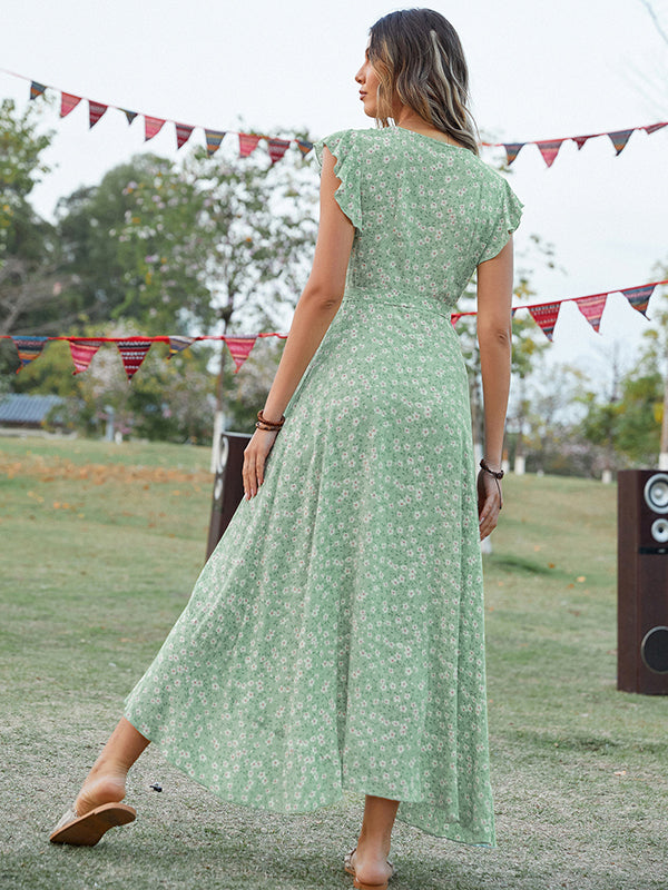 Robe longue grossesse imprimé fleurie volants fendu le côté vert