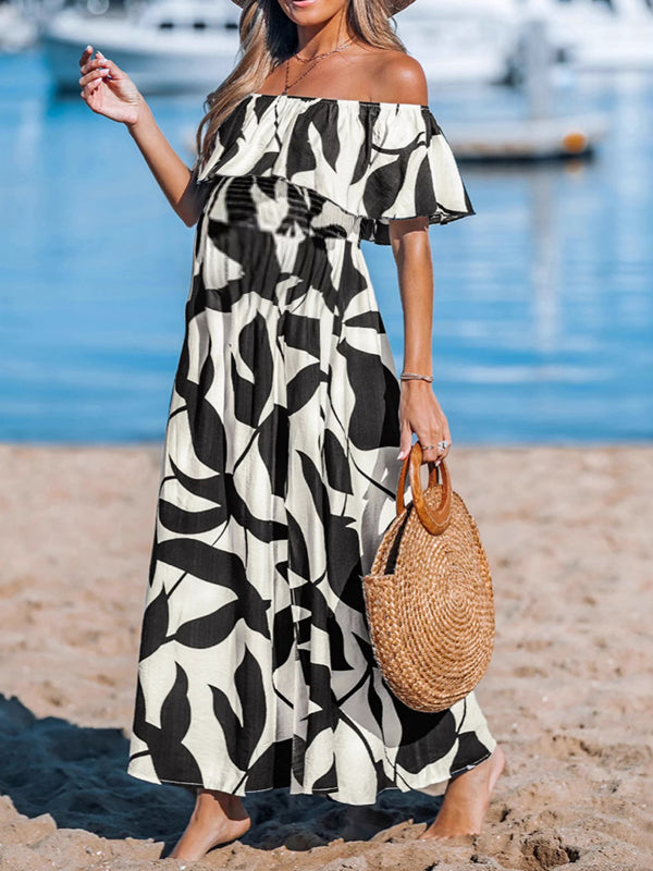 Robe longue grossesse imprimé fleurie épaule dénudée volants noir