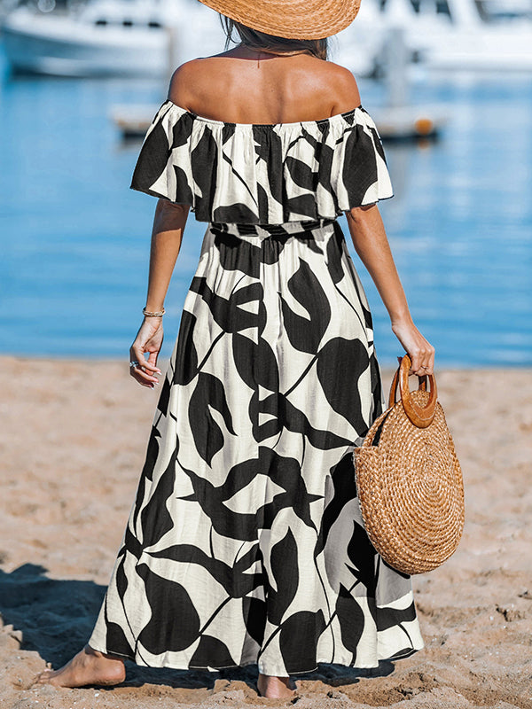 Robe longue grossesse imprimé fleurie épaule dénudée volants noir