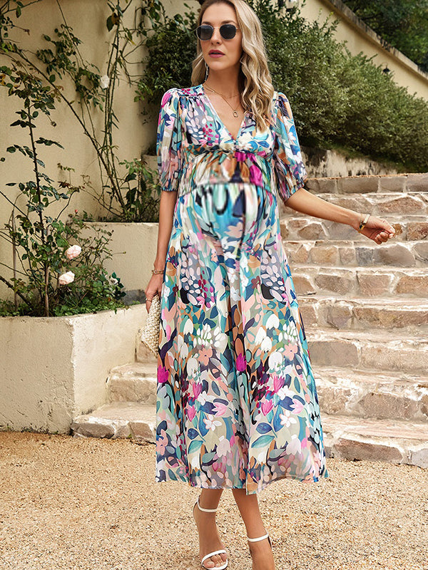Robe longue grossesse imprimé fleurie trapèze vert