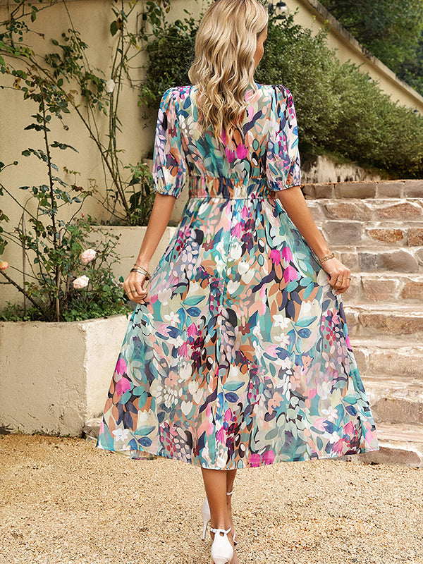 Robe longue grossesse imprimé fleurie trapèze vert