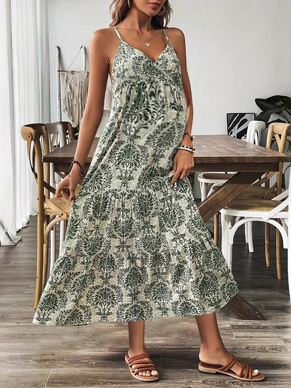 Robe longue grossesse imprimé fleurie croisé dos vert