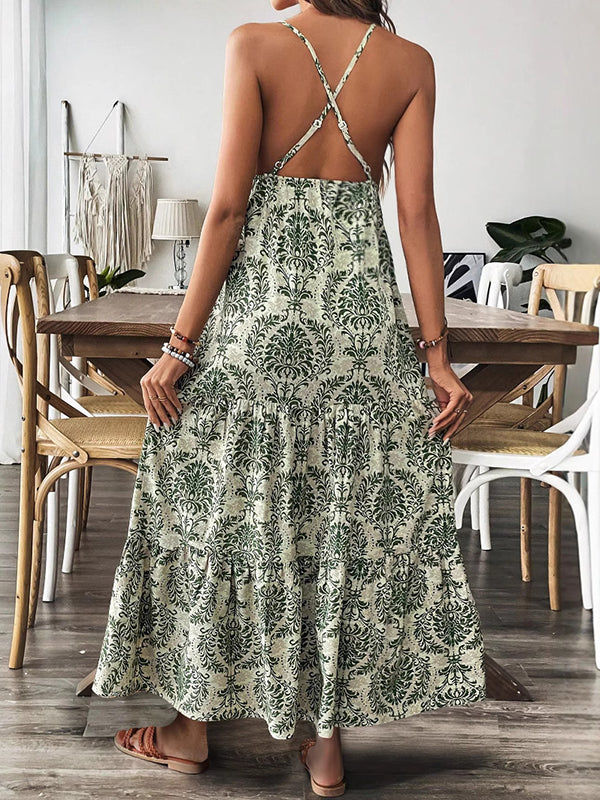 Robe longue grossesse imprimé fleurie croisé dos vert