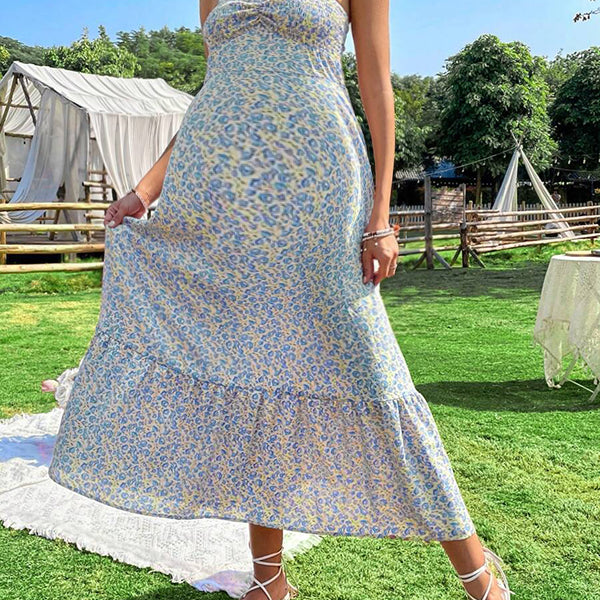 Robes longue grossesse dos nu imprimé fleurie bleu