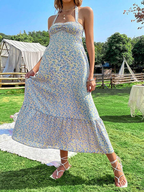 Robes longue grossesse dos nu imprimé fleurie bleu
