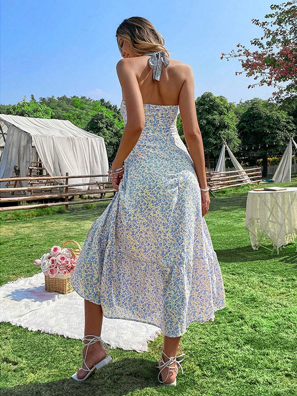 Robes longue grossesse dos nu imprimé fleurie bleu