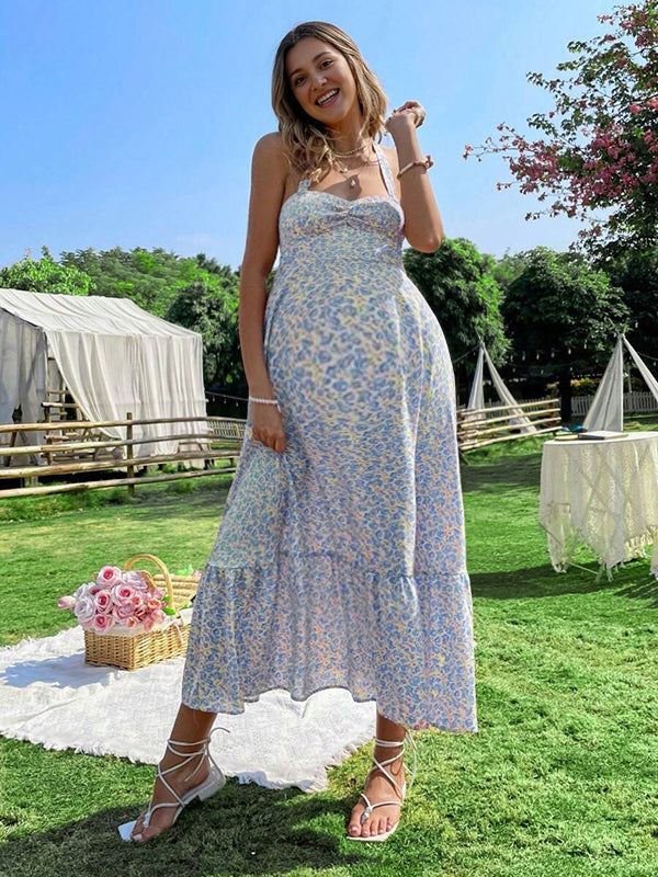 Robes longue grossesse dos nu imprimé fleurie bleu
