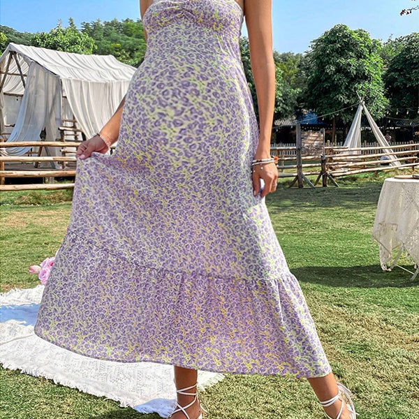 Robes longue grossesse dos nu imprimé fleurie violet