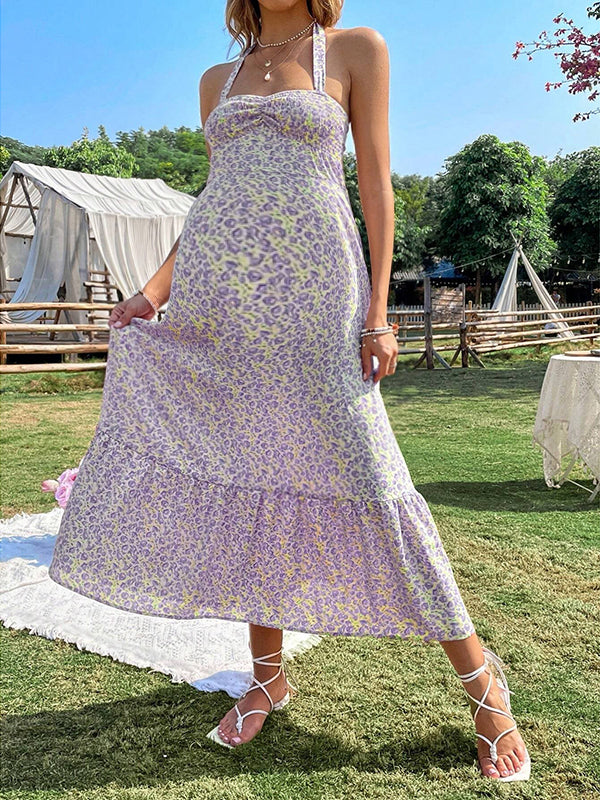 Robes longue grossesse dos nu imprimé fleurie violet