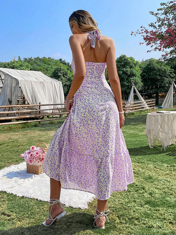 Robes longue grossesse dos nu imprimé fleurie violet