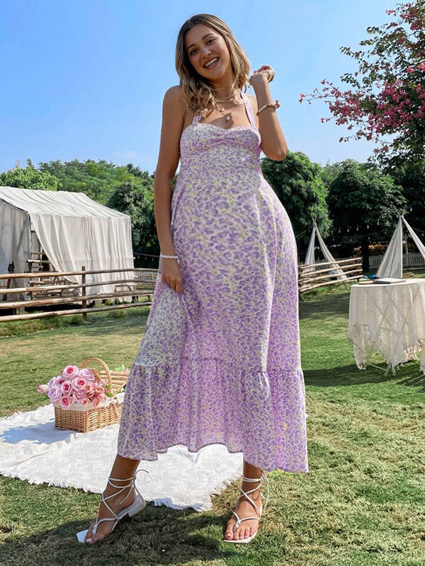 Robes longue grossesse dos nu imprimé fleurie violet