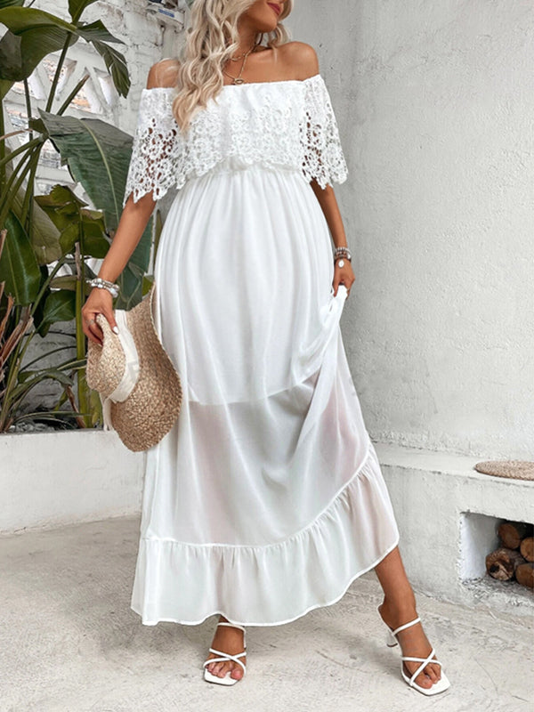 Robes longue grossesse volants épaule dénudée blanche