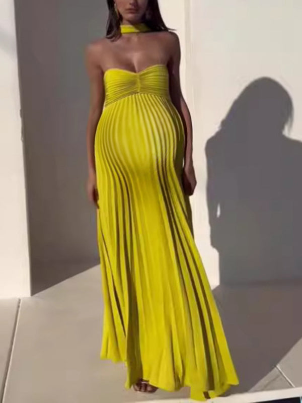 Robe longue grossesse plissé fluide bustier jaune