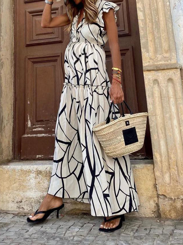 Robe longue grossesse rayé volants fluide blanche
