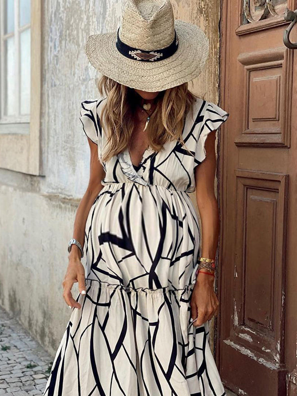Robe longue grossesse rayé volants fluide blanche