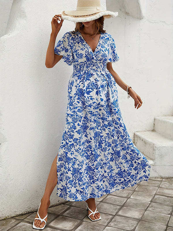 Robe longue grossesse imprimé fleurie fendu le côté fluide bleu