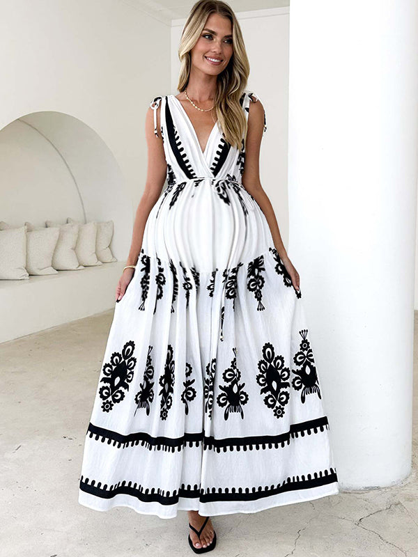Robe longue grossesse tribal ceinture dos nu noir