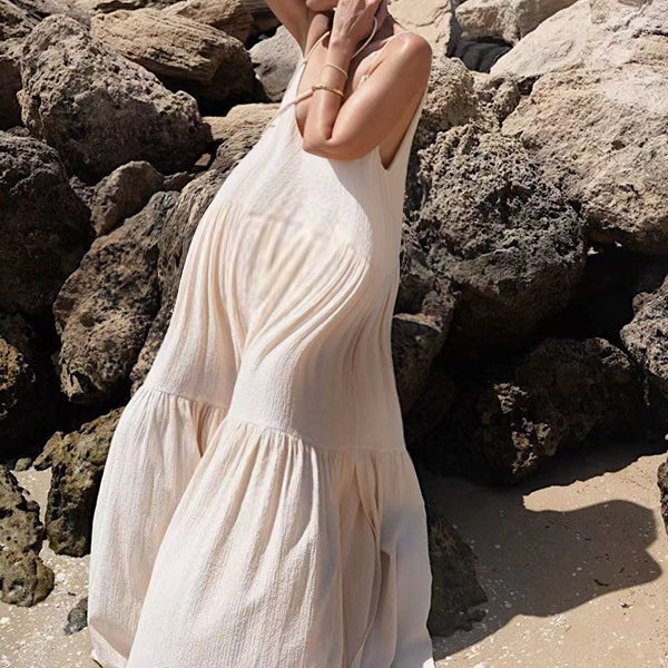 Robes longue grossesse dos nu spaghettiträger beige