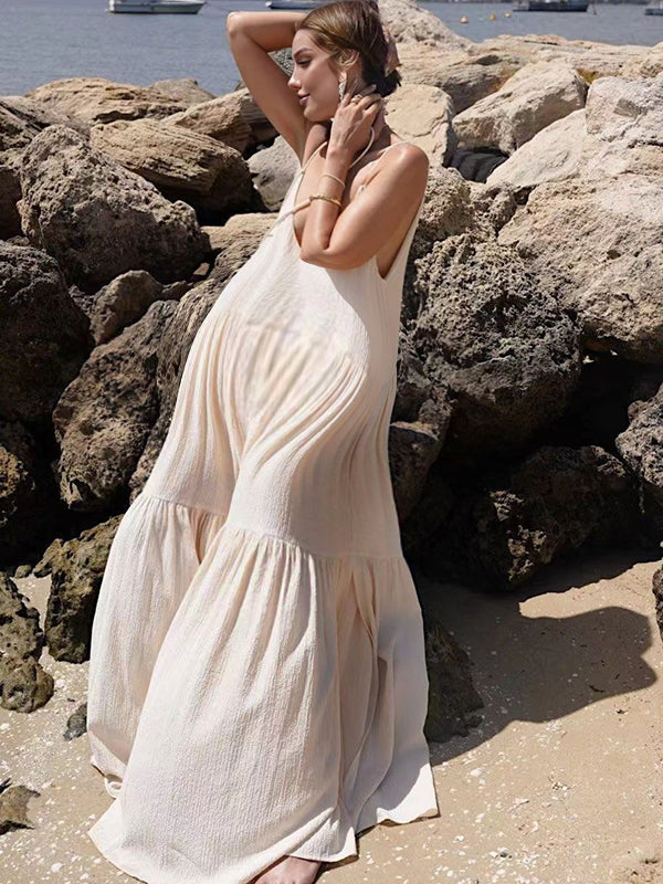 Robes longue grossesse dos nu spaghettiträger beige