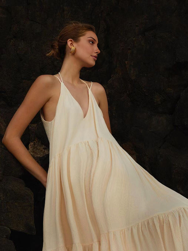 Robes longue grossesse dos nu spaghettiträger beige