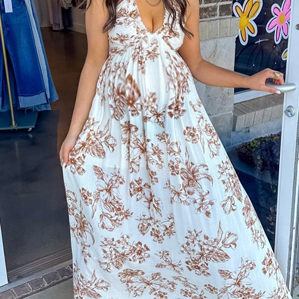 Robe longue grossesse imprimé fleurie fendu le côté dos nu blanche