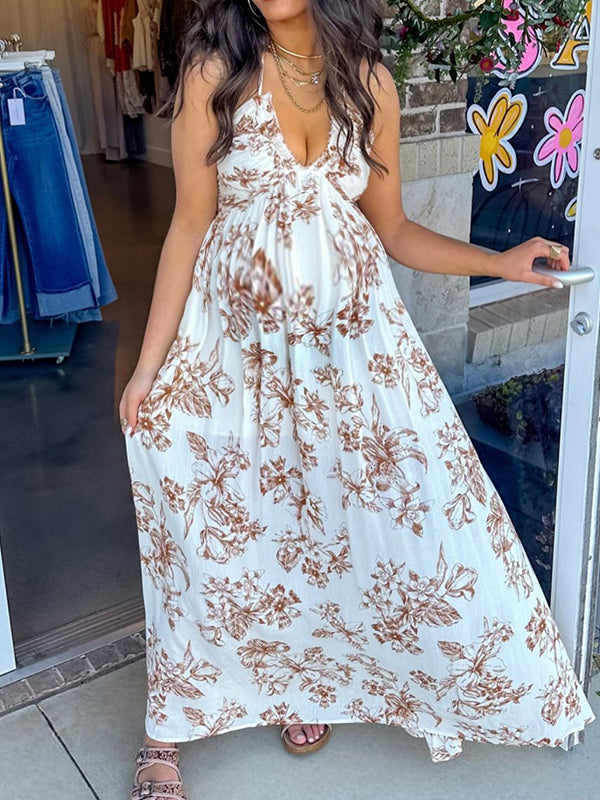 Robe longue grossesse imprimé fleurie fendu le côté dos nu blanche