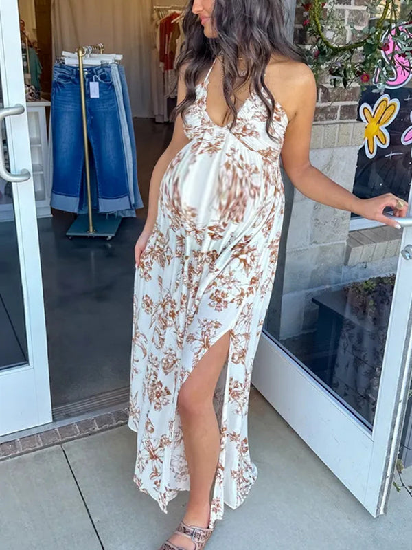 Robe longue grossesse imprimé fleurie fendu le côté dos nu blanche