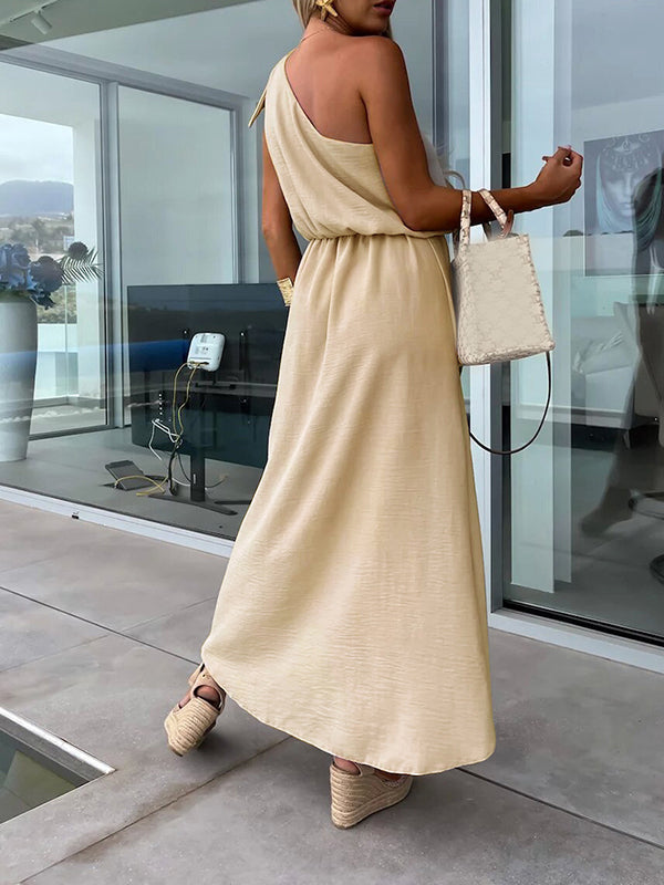 Robe longue grossesse fendu le côté épaule asymétrique khaki