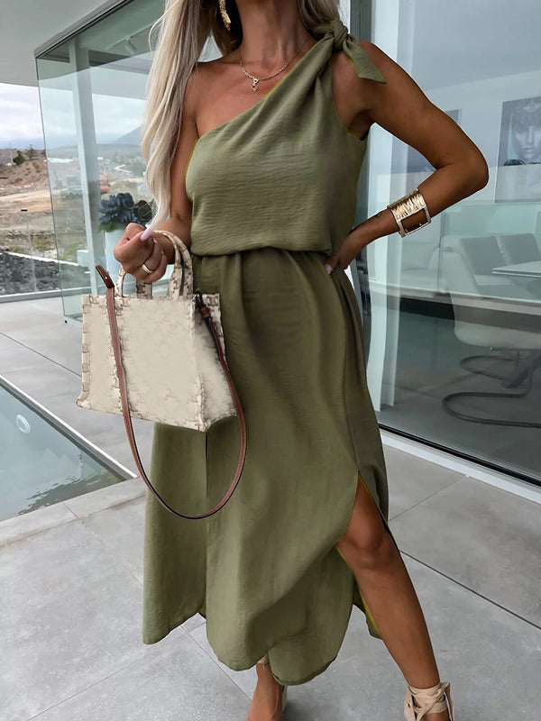 Robe longue grossesse fendu le côté épaule asymétrique vert armée