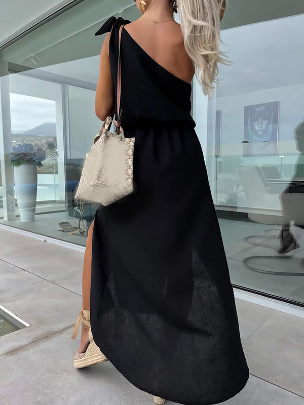 Robe longue grossesse fendu le côté épaule asymétrique noir