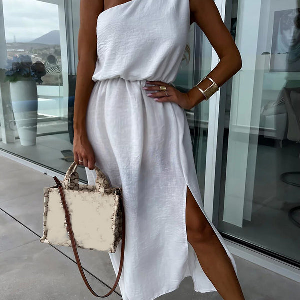 Robe longue grossesse fendu le côté épaule asymétrique blanche