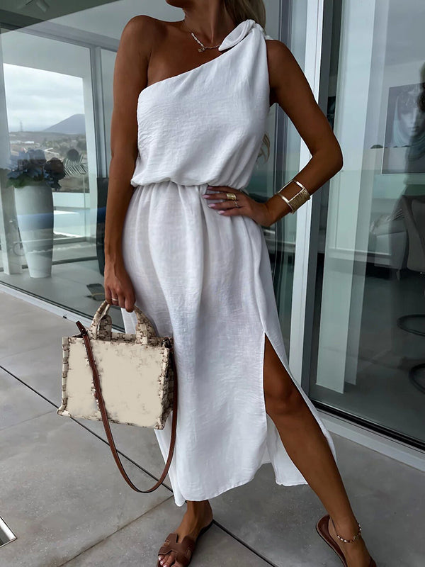 Robe longue grossesse fendu le côté épaule asymétrique blanche