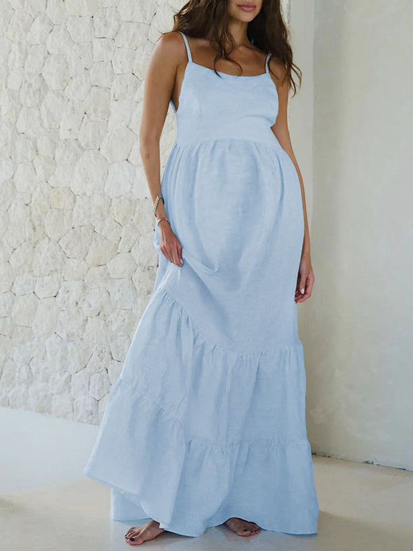 Robes longue grossesse dos nu spaghettiträger bleu clair