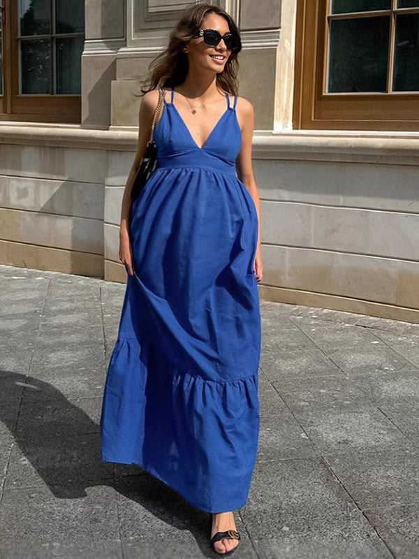 Robes longue grossesse croisé dos spaghettiträger bleu