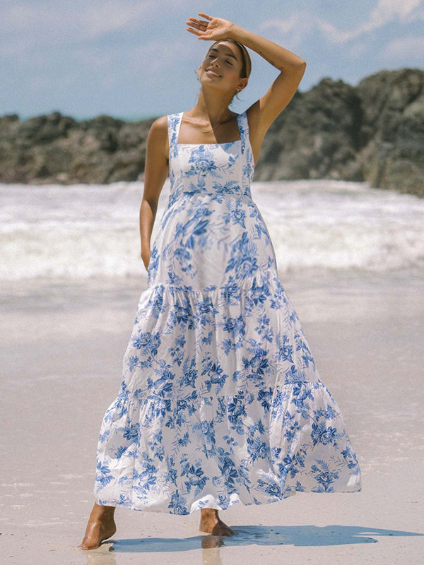 Robes longue grossesse imprimé fleurie nœud papillon blanche
