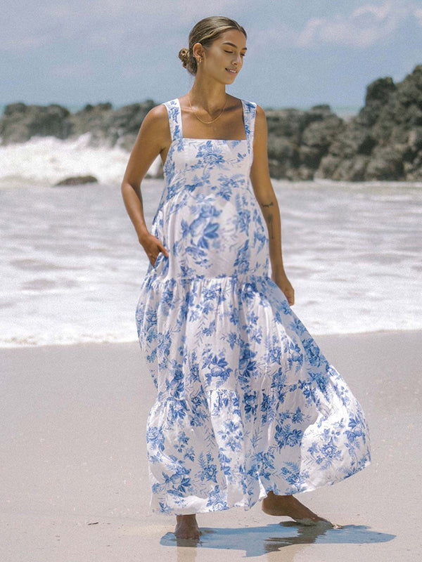 Robes longue grossesse imprimé fleurie nœud papillon blanche