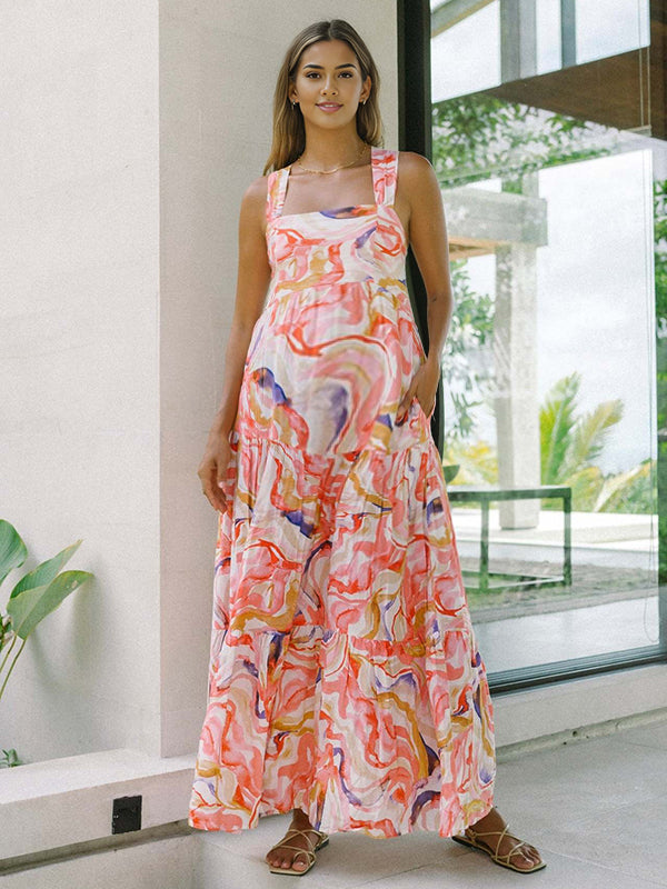 Robes longue grossesse imprimé fleurie nœud papillon nacarat