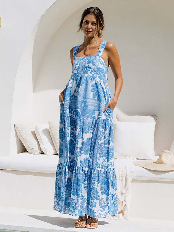 Robes longue grossesse imprimé fleurie nœud papillon bleu