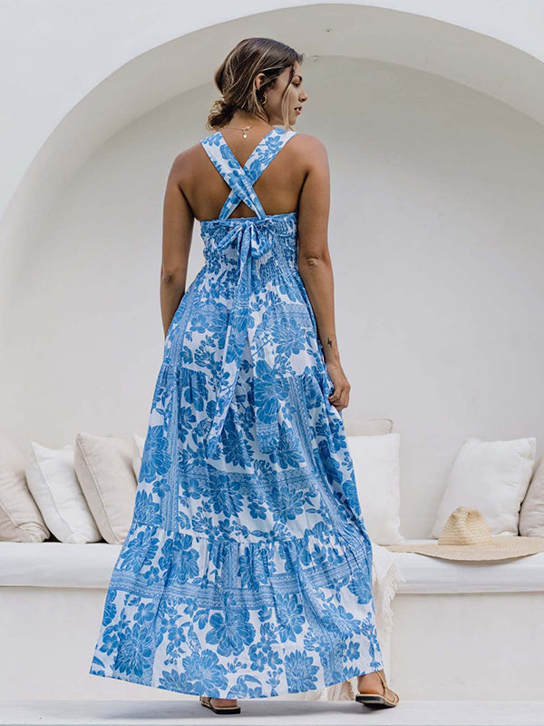 Robes longue grossesse imprimé fleurie nœud papillon bleu
