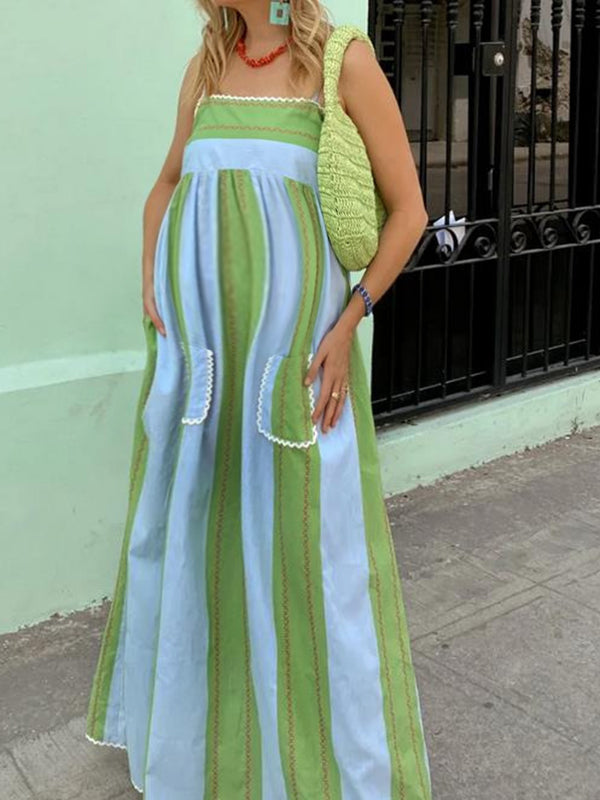 Robes longue grossesse rayé poches spaghettiträger vert