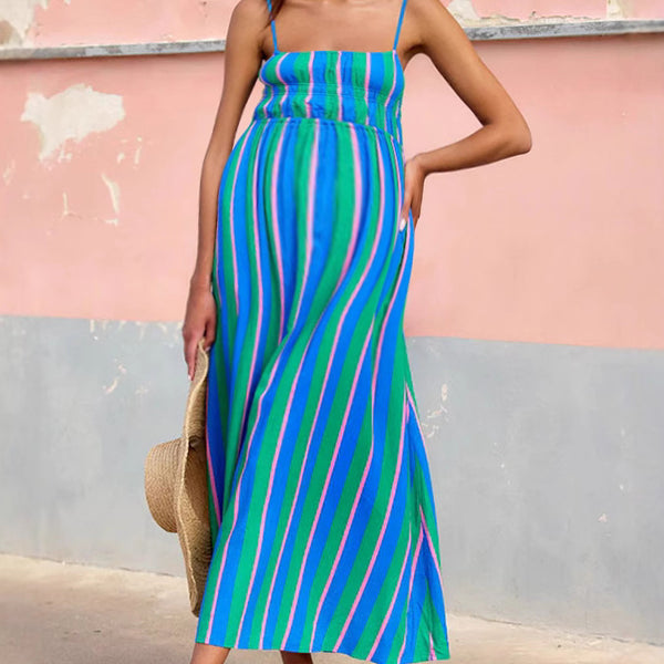 Robes longue grossesse rayé épissage spaghettiträger vert