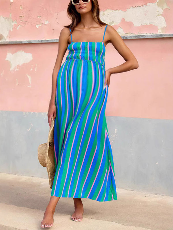 Robes longue grossesse rayé épissage spaghettiträger vert