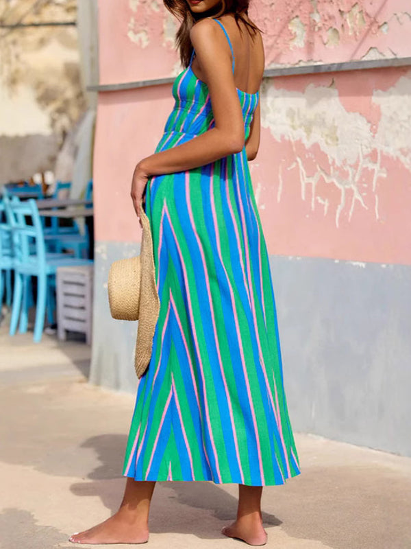 Robes longue grossesse rayé épissage spaghettiträger vert