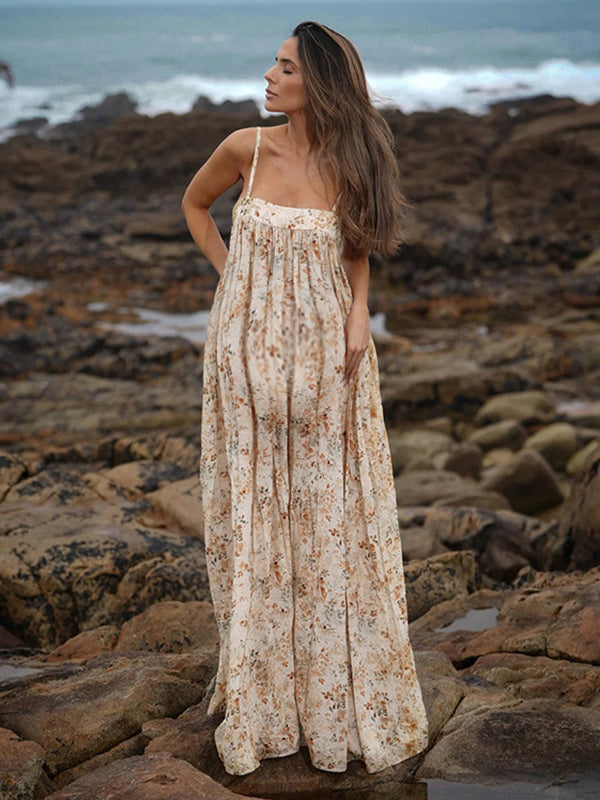 Robe longue grossesse imprimé fleurie fluide spaghettiträger jaune