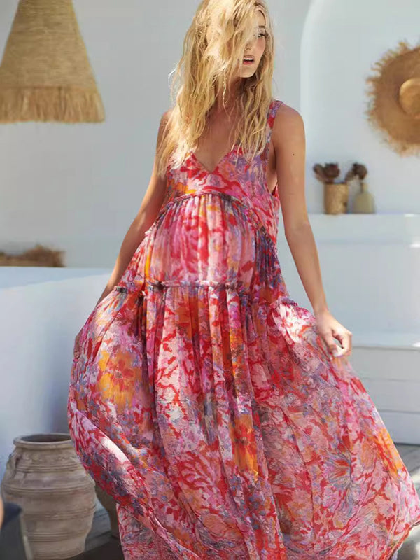 Robe longue grossesse imprimé fleurie fluide dos nu rouge