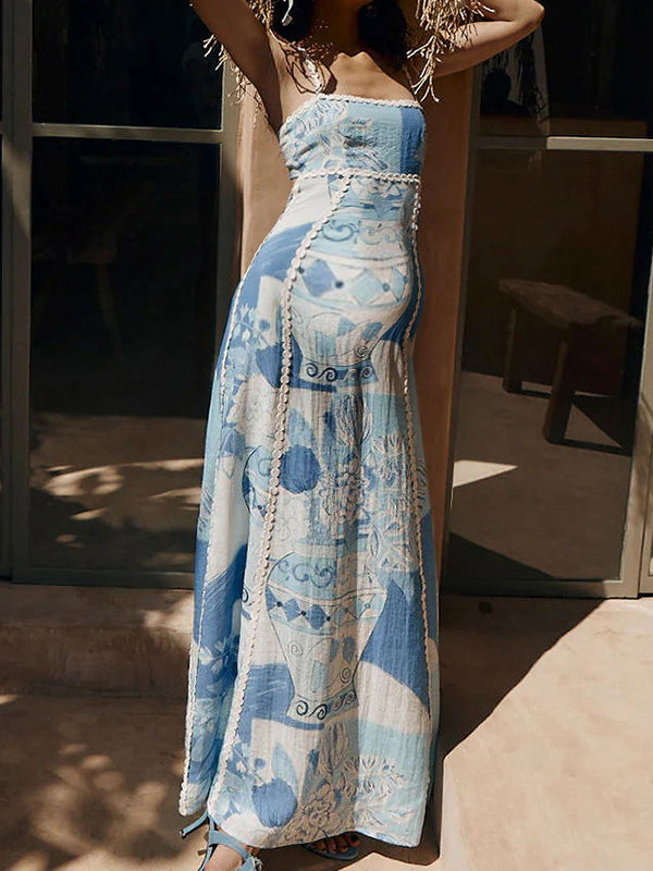 Robe longue grossesse imprimé fleurie couleur bloc dos nu bleu
