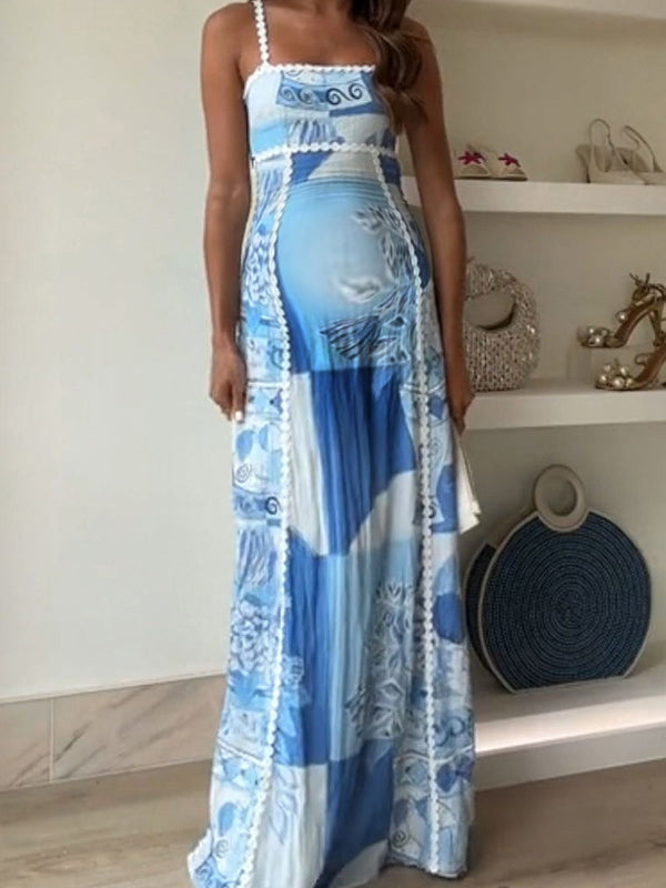 Robe longue grossesse imprimé fleurie couleur bloc dos nu bleu