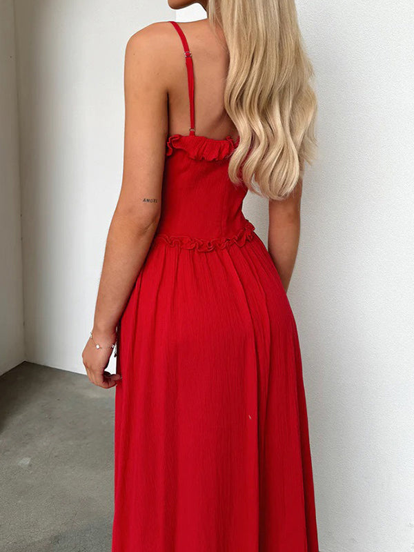 Robe longue grossesse ruchés froncées fluide spaghettiträger rouge