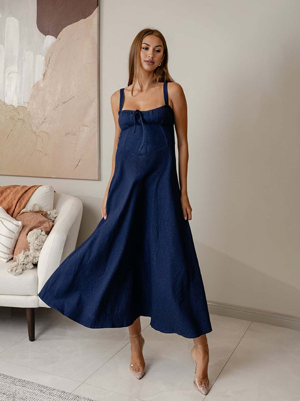 Robe longue grossesse dos nu strap bleu foncé
