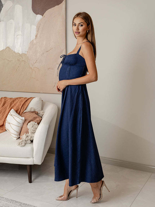 Robe longue grossesse dos nu strap bleu foncé